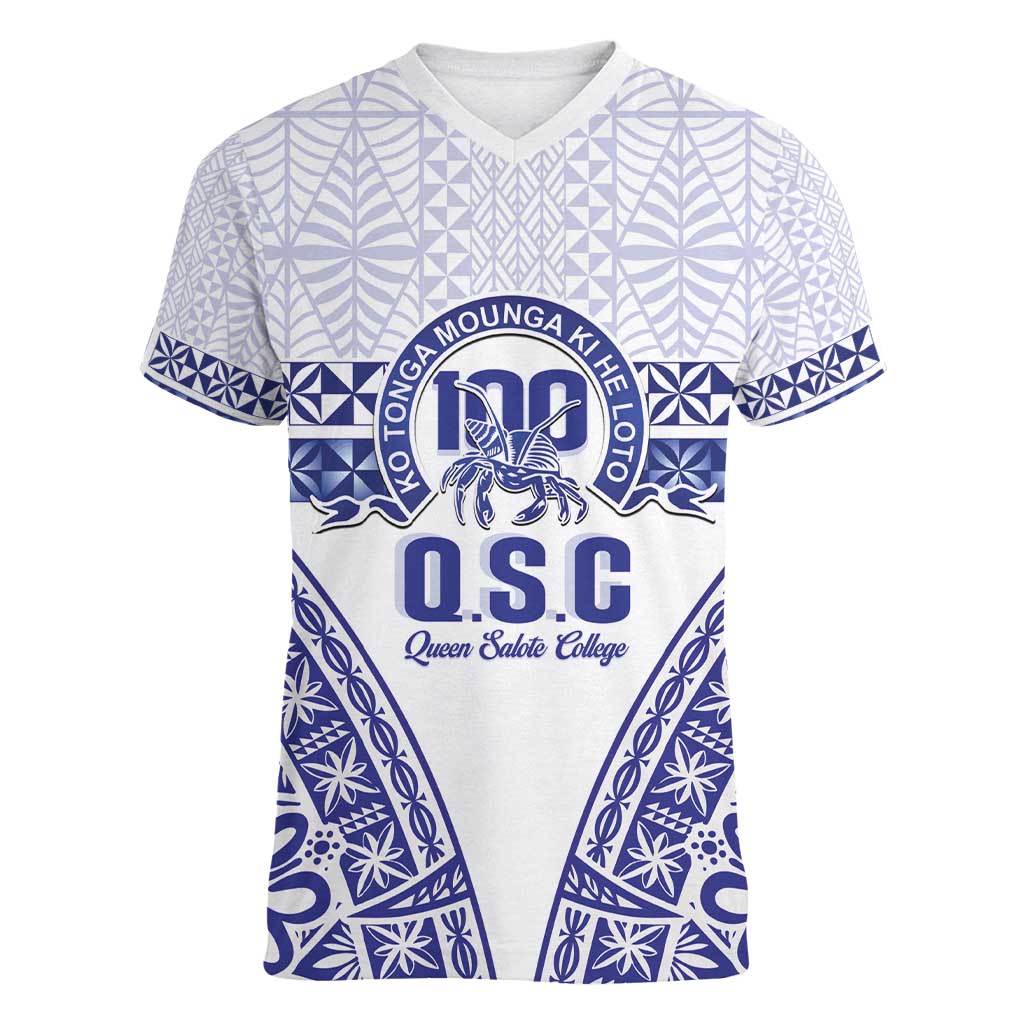 Personalised Queen Salote College Women V-Neck T-Shirt Kolisi Fefine 100th Anniversary Kupesi White LT14 Female White - Polynesian Pride