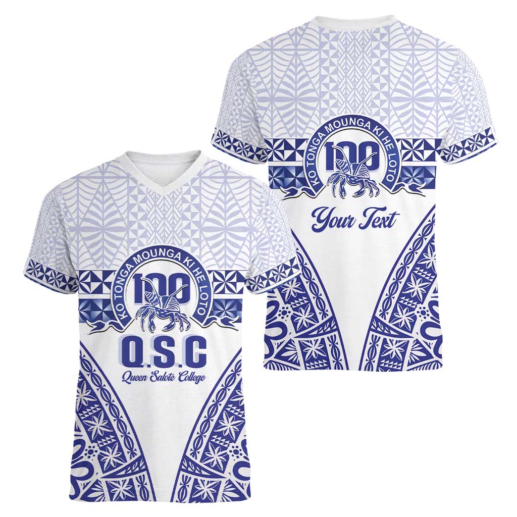 Personalised Queen Salote College Women V-Neck T-Shirt Kolisi Fefine 100th Anniversary Kupesi White LT14 - Polynesian Pride