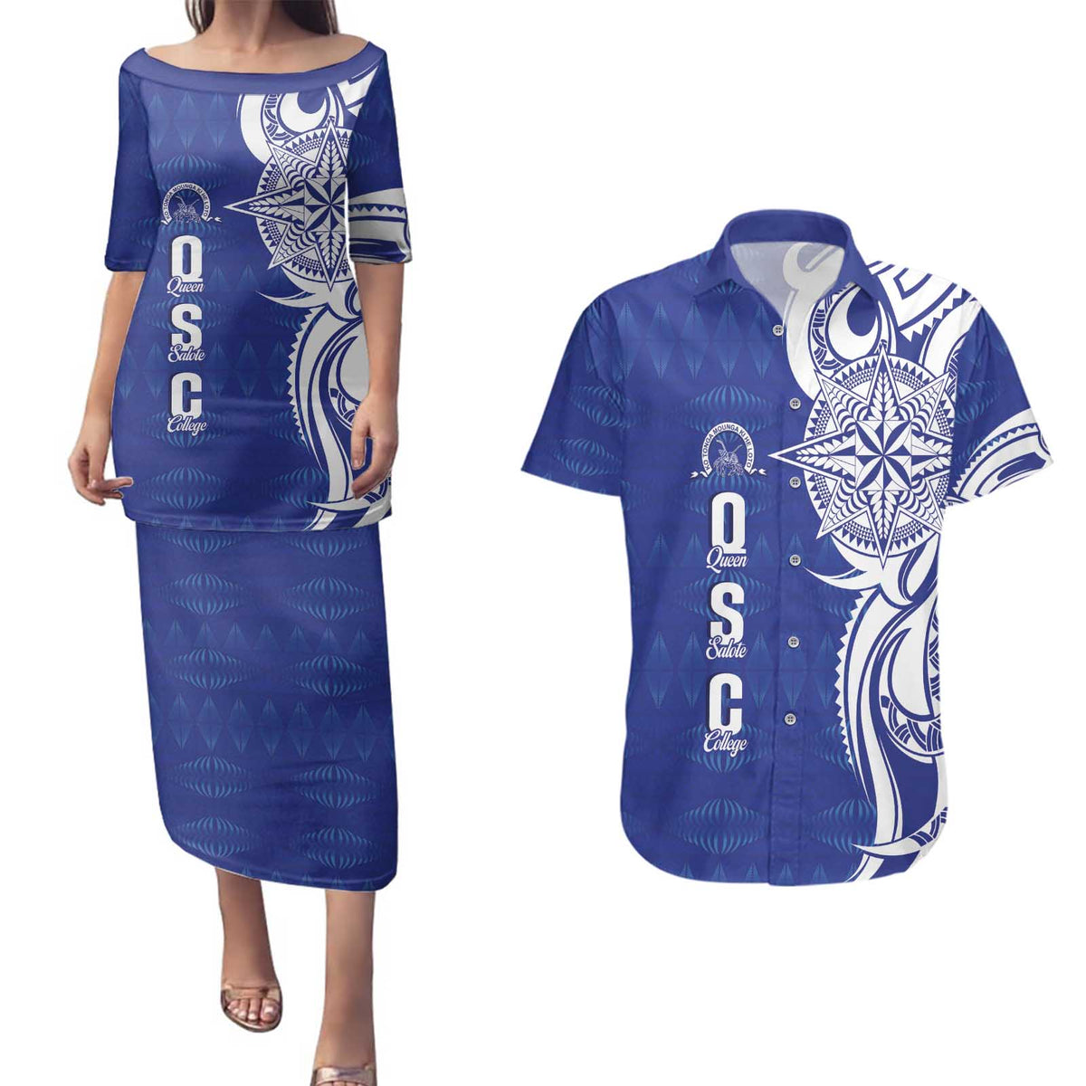 Personalised Queen Salote College Couples Matching Puletasi and Hawaiian Shirt QSC Est 1926 Ngatu Pattern - Polynesian Pride