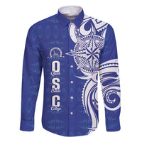 Personalised Queen Salote College Family Matching Mermaid Dress and Hawaiian Shirt QSC Est 1926 Ngatu Pattern LT14 Dad's Shirt - Long Sleeve Blue - Polynesian Pride