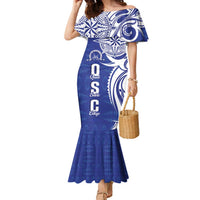 Personalised Queen Salote College Family Matching Mermaid Dress and Hawaiian Shirt QSC Est 1926 Ngatu Pattern LT14 Mom's Dress Blue - Polynesian Pride