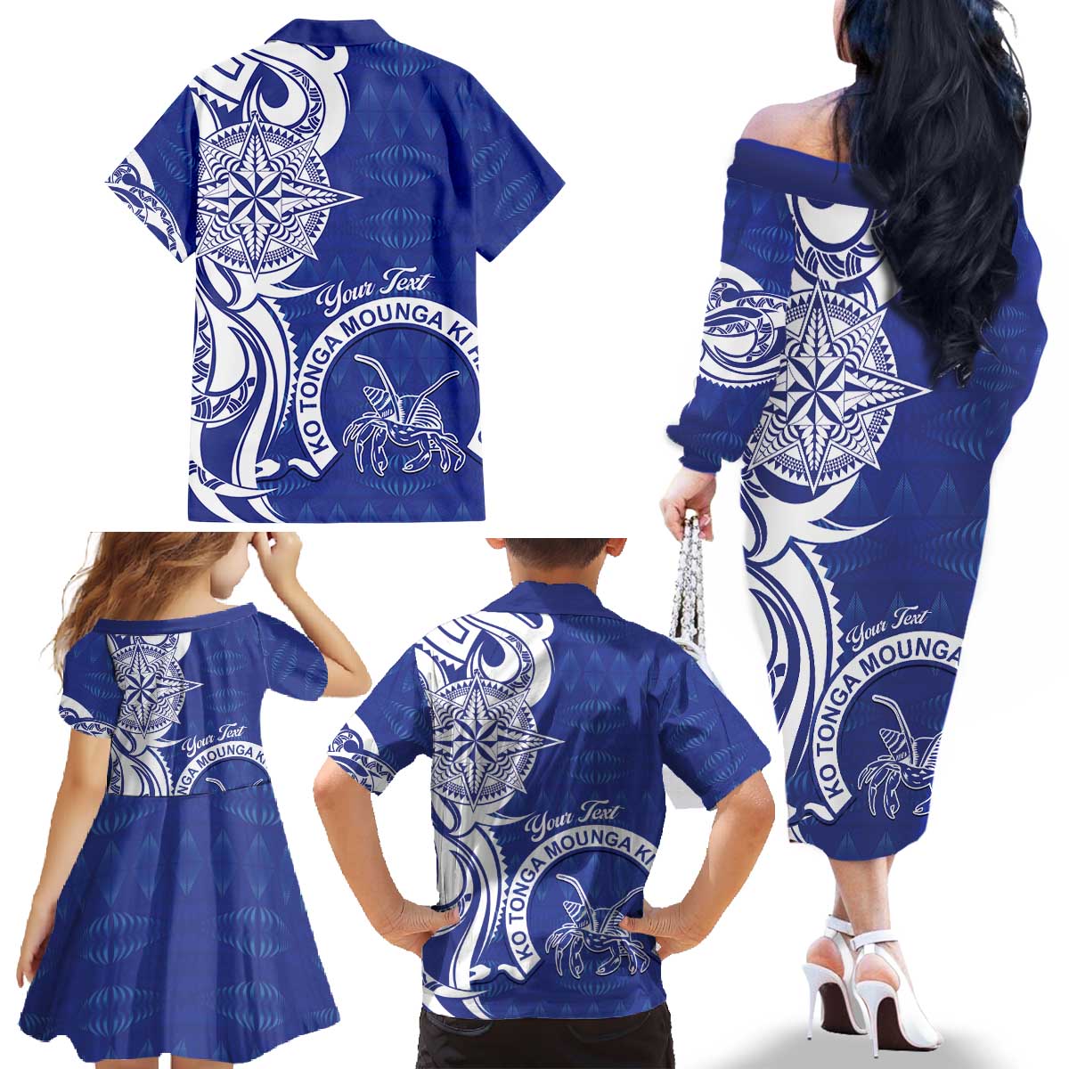 Personalised Queen Salote College Family Matching Off The Shoulder Long Sleeve Dress and Hawaiian Shirt QSC Est 1926 Ngatu Pattern LT14 - Polynesian Pride