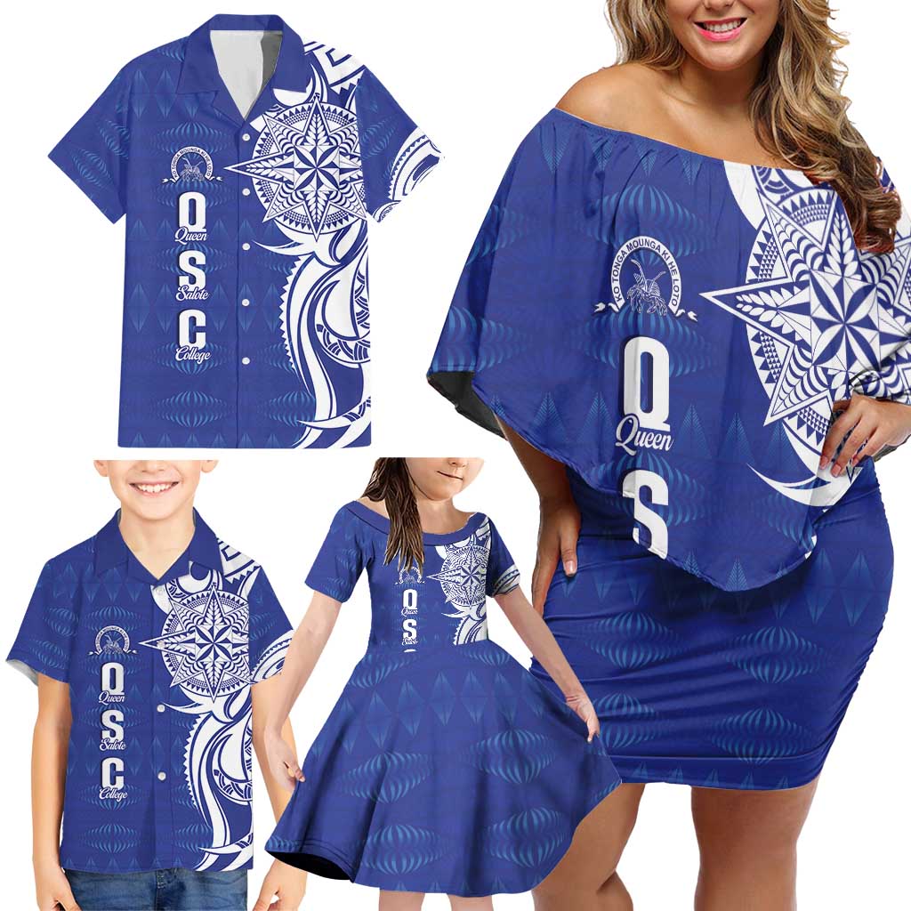 Personalised Queen Salote College Family Matching Off Shoulder Short Dress and Hawaiian Shirt QSC Est 1926 Ngatu Pattern LT14 - Polynesian Pride
