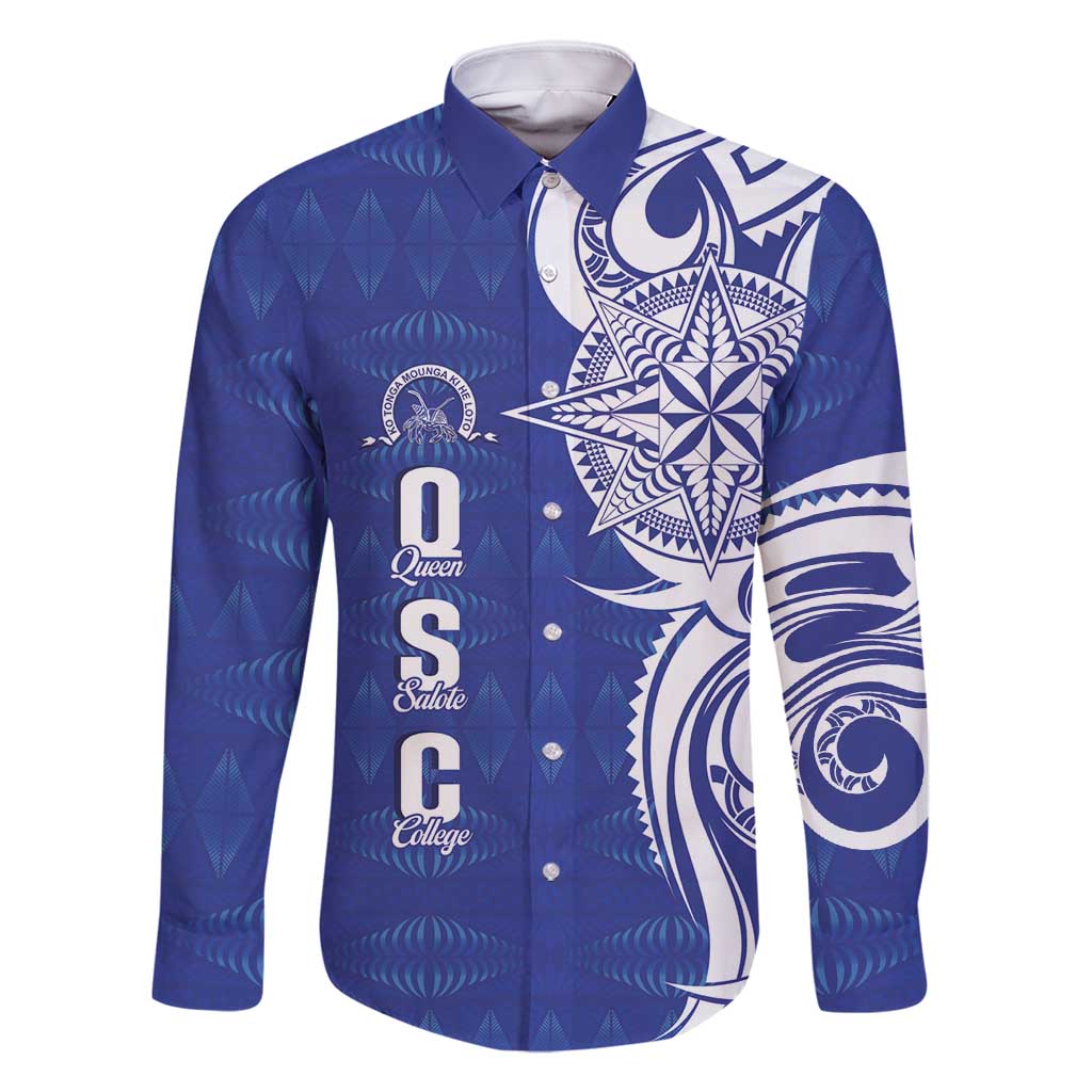 Personalised Queen Salote College Family Matching Tank Maxi Dress and Hawaiian Shirt QSC Est 1926 Ngatu Pattern LT14 Dad's Shirt - Long Sleeve Blue - Polynesian Pride