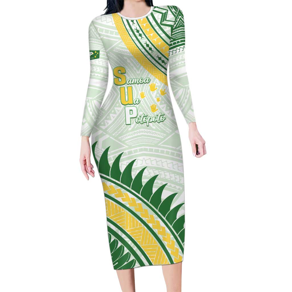 Personalised Samoa Ua Potopoto Family Matching Long Sleeve Bodycon Dress and Hawaiian Shirt SUP Est 2025 Samoan Pattern LT14 Mom's Dress White - Polynesian Pride