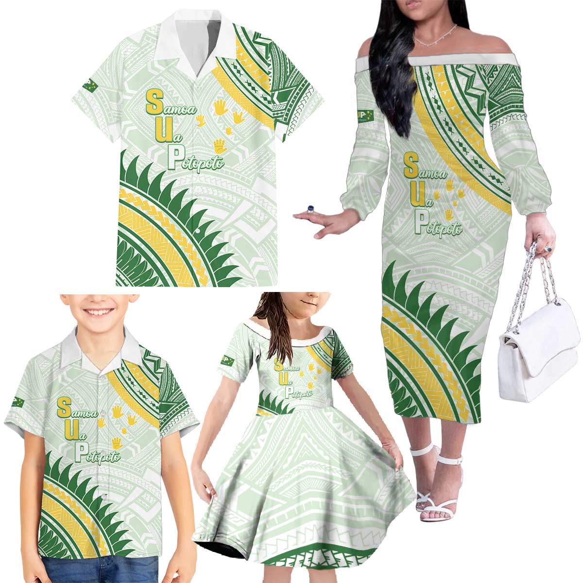 Personalised Samoa Ua Potopoto Family Matching Off The Shoulder Long Sleeve Dress and Hawaiian Shirt SUP Est 2025 Samoan Pattern LT14 - Polynesian Pride