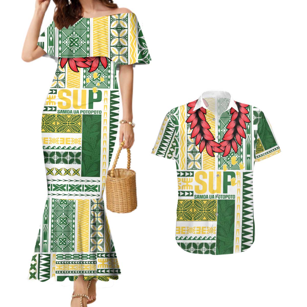 Samoa Uniting Party Couples Matching Mermaid Dress and Hawaiian Shirt SUP Est 2025 Siapo Pattern LT14 White - Polynesian Pride