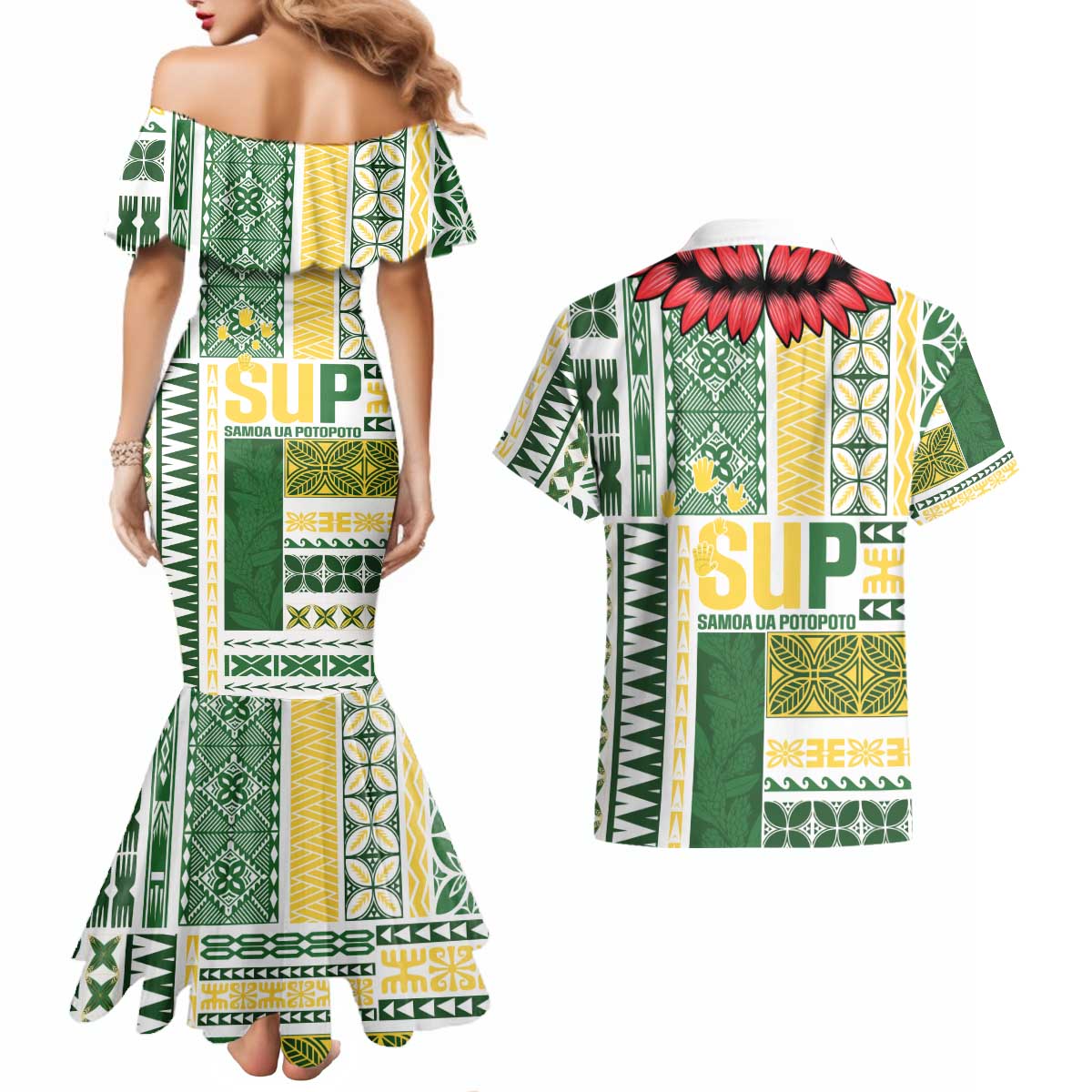 Samoa Uniting Party Couples Matching Mermaid Dress and Hawaiian Shirt SUP Est 2025 Siapo Pattern LT14 - Polynesian Pride