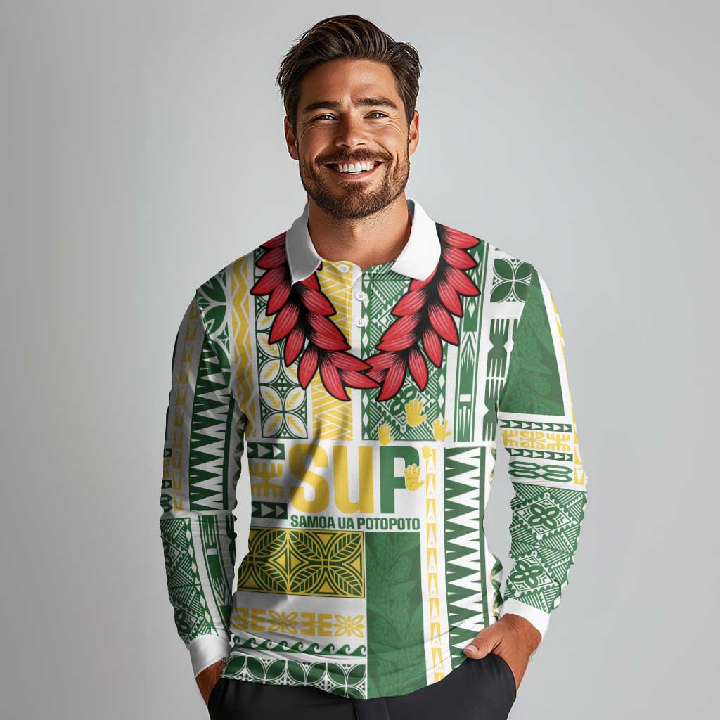 Samoa Uniting Party Long Sleeve Polo Shirt SUP Est 2025 Siapo Pattern - Polynesian Pride