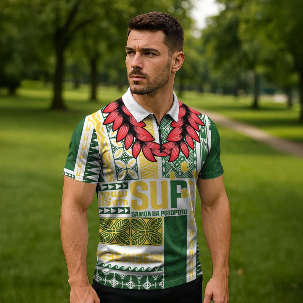 Samoa Uniting Party Zipper Polo Shirt SUP Est 2025 Siapo Pattern - Polynesian Pride