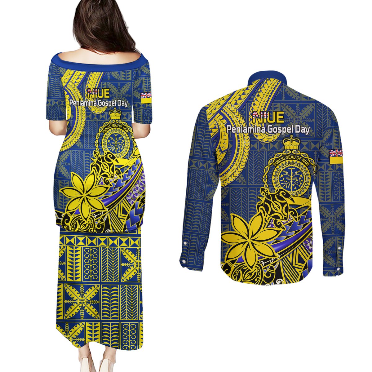 Niue Peniamina Gospel Day Couples Matching Puletasi Dress and Long Sleeve Button Shirts Unique Niean Hiapo LT14 - Polynesian Pride