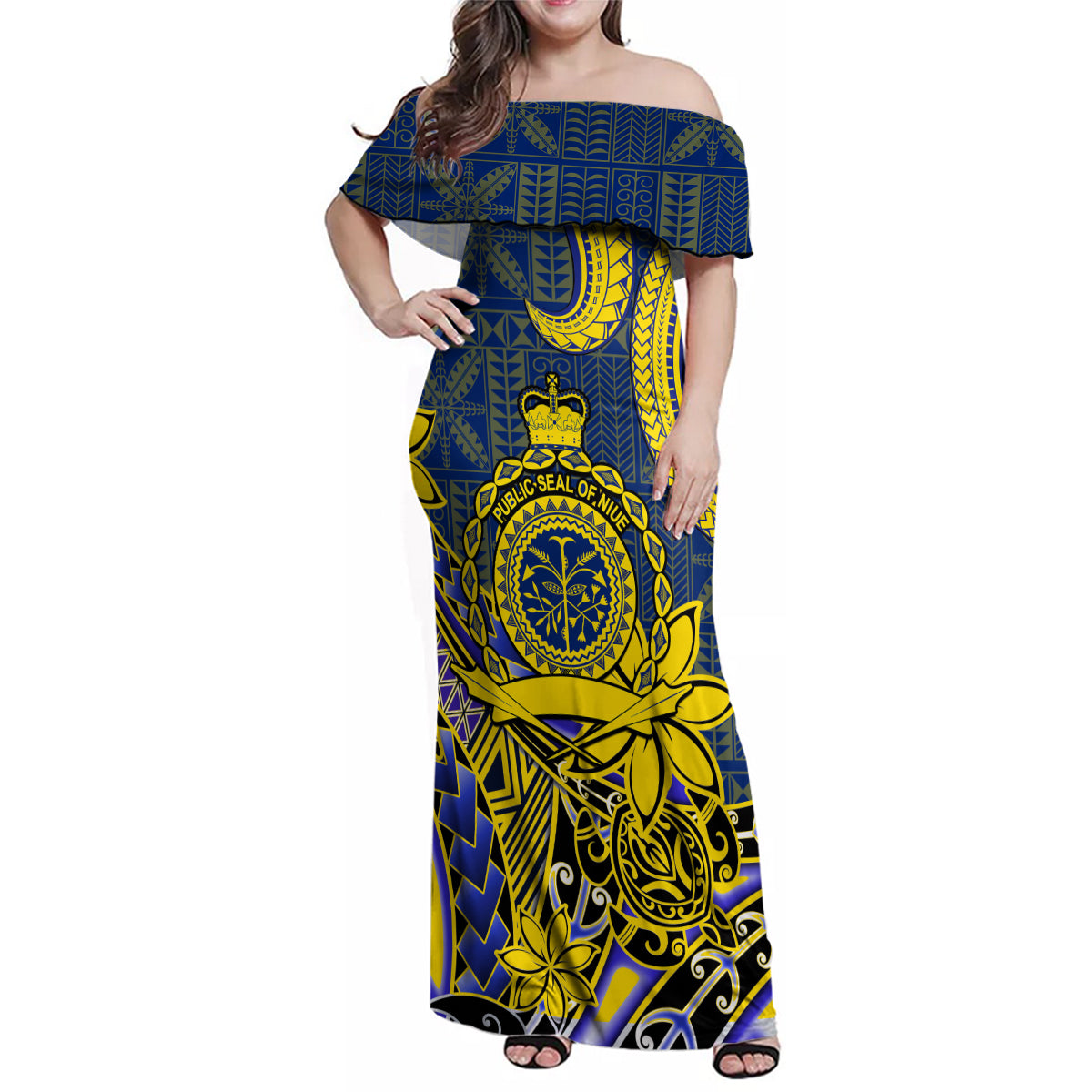 Personalised Niue Peniamina Gospel Day Family Matching Off Shoulder Maxi Dress and Hawaiian Shirt Unique Niean Hiapo LT14 Mom's Dress Blue - Polynesian Pride