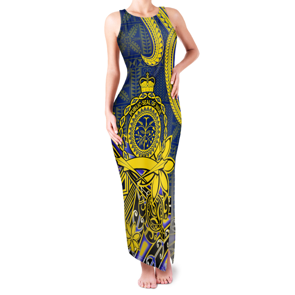 Personalised Niue Peniamina Gospel Day Family Matching Tank Maxi Dress and Hawaiian Shirt Unique Niean Hiapo LT14 Mom's Dress Blue - Polynesian Pride