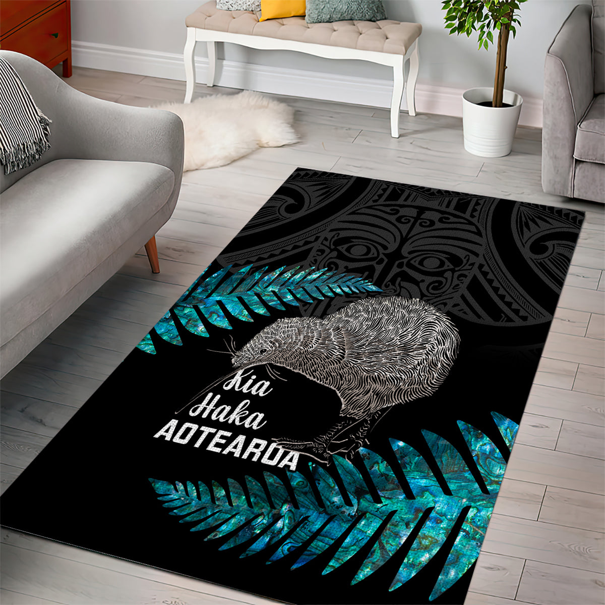 New Zealand Silver Fern Rugby Area Rug Pacific 2023 Kia Haka Kiwis With Maori Ta Moko LT14 - Polynesian Pride