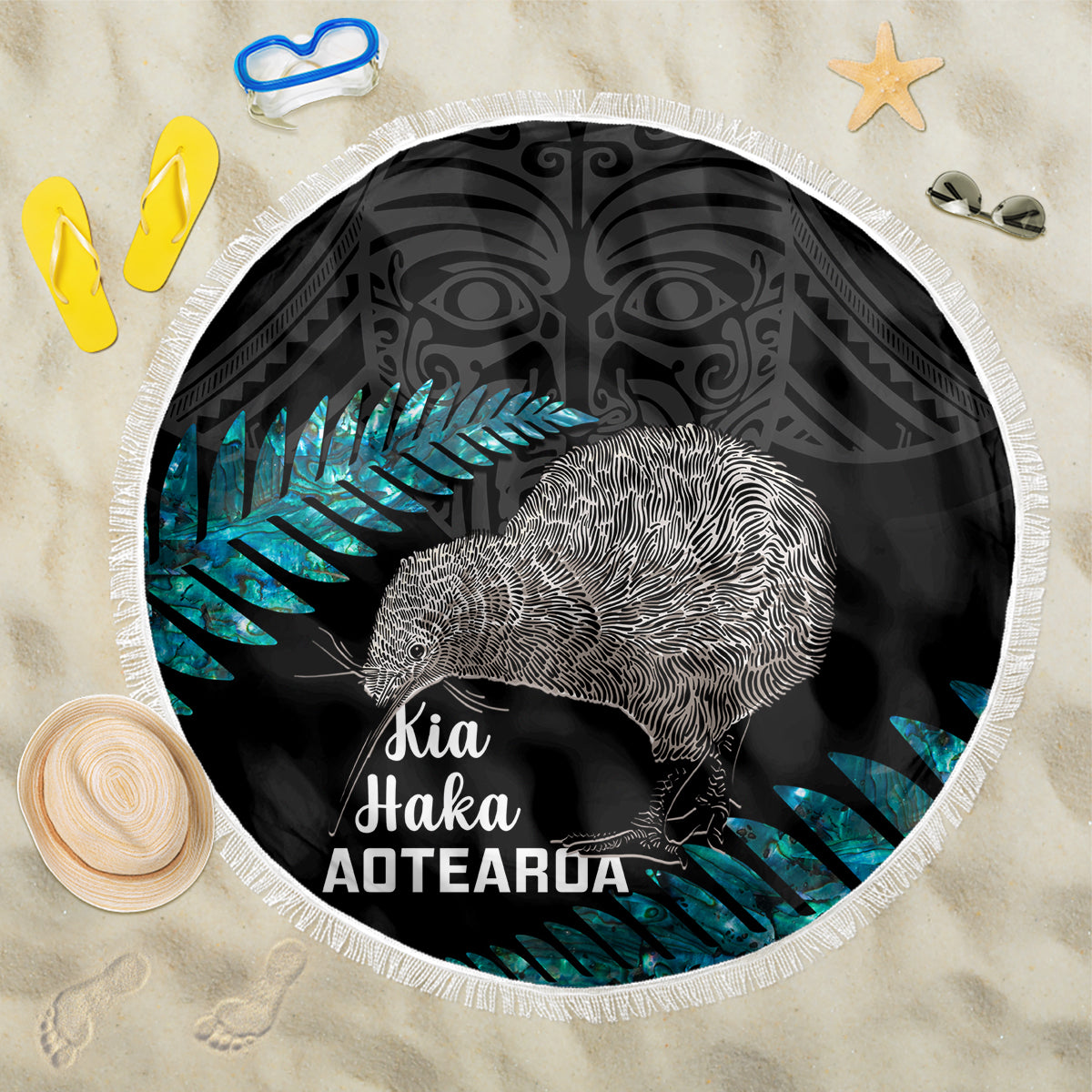 New Zealand Silver Fern Rugby Beach Blanket Pacific 2023 Kia Haka Kiwis With Maori Ta Moko LT14 One Size 150cm Black - Wonder Print Shop