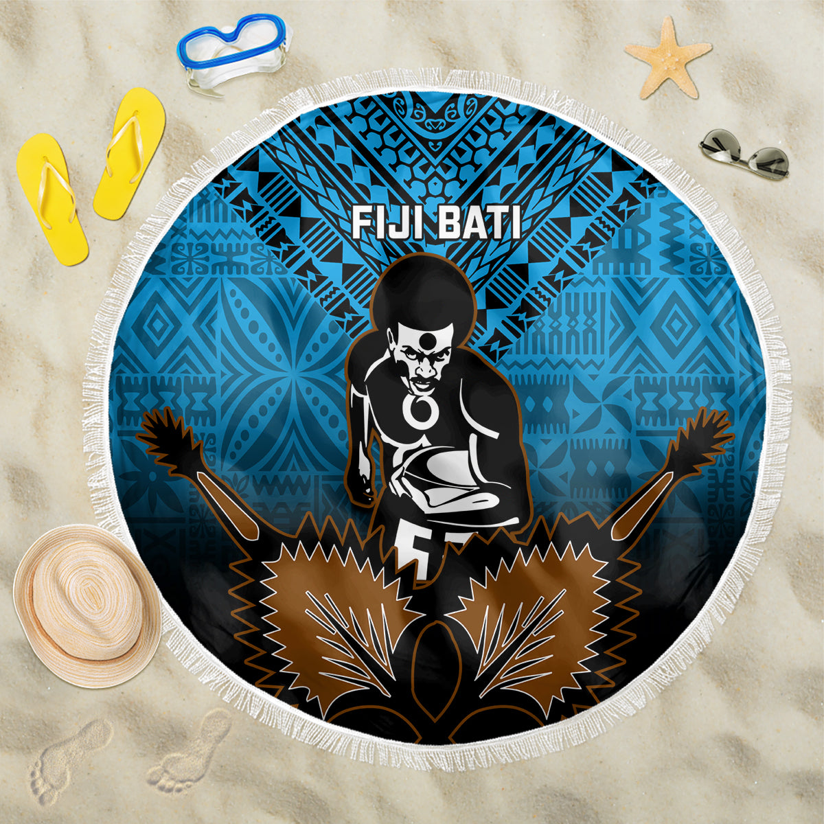 Fiji Tapa Rugby Beach Blanket Pacific 2023 Go Fijian Bati LT14 One Size 150cm Blue - Wonder Print Shop