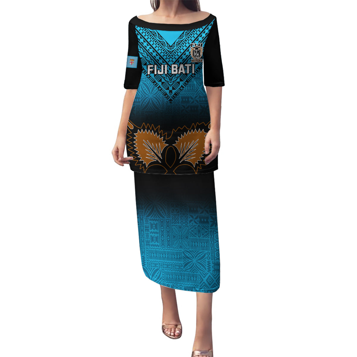 Custom Fiji Tapa Rugby Family Matching Puletasi Dress and Hawaiian Shirt Pacific 2023 Go Fijian Bati LT14 Mom's Dress Blue - Polynesian Pride