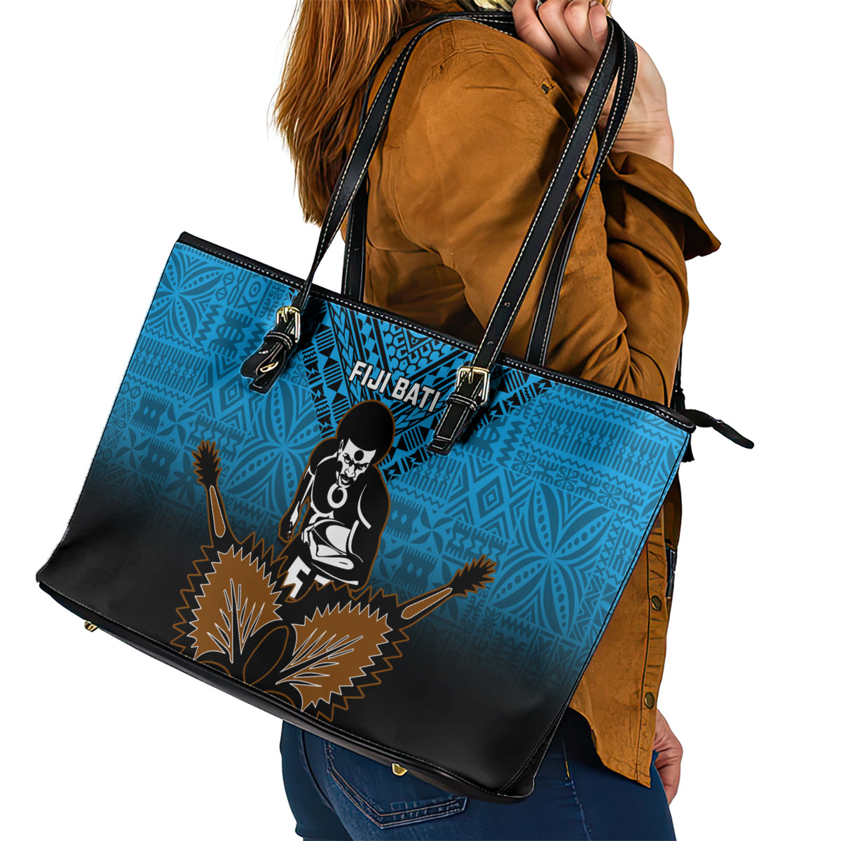 Fiji Tapa Rugby Leather Tote Bag Pacific 2023 Go Fijian Bati LT14 - Polynesian Pride