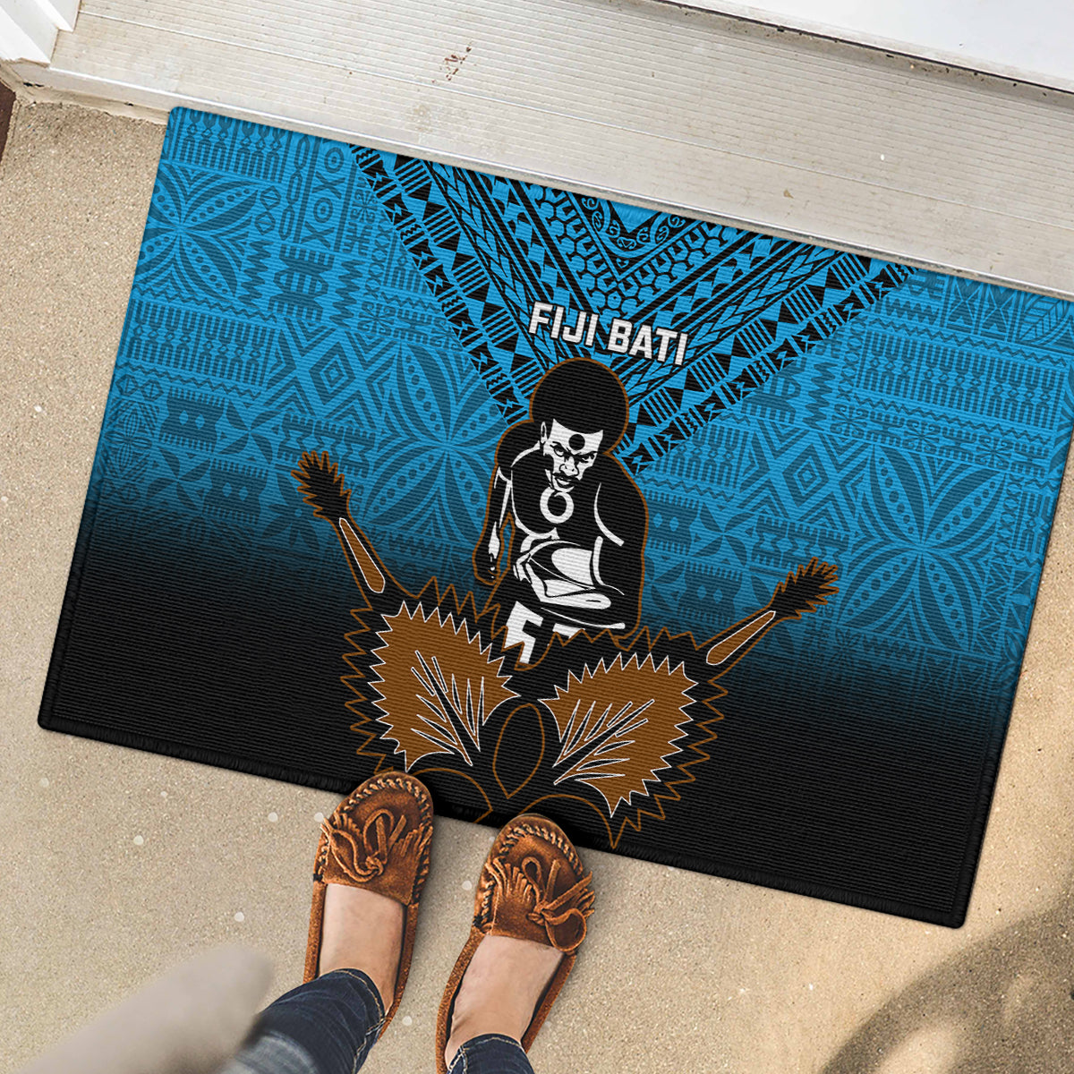 Fiji Tapa Rugby Rubber Doormat Pacific 2023 Go Fijian Bati LT14 - Polynesian Pride