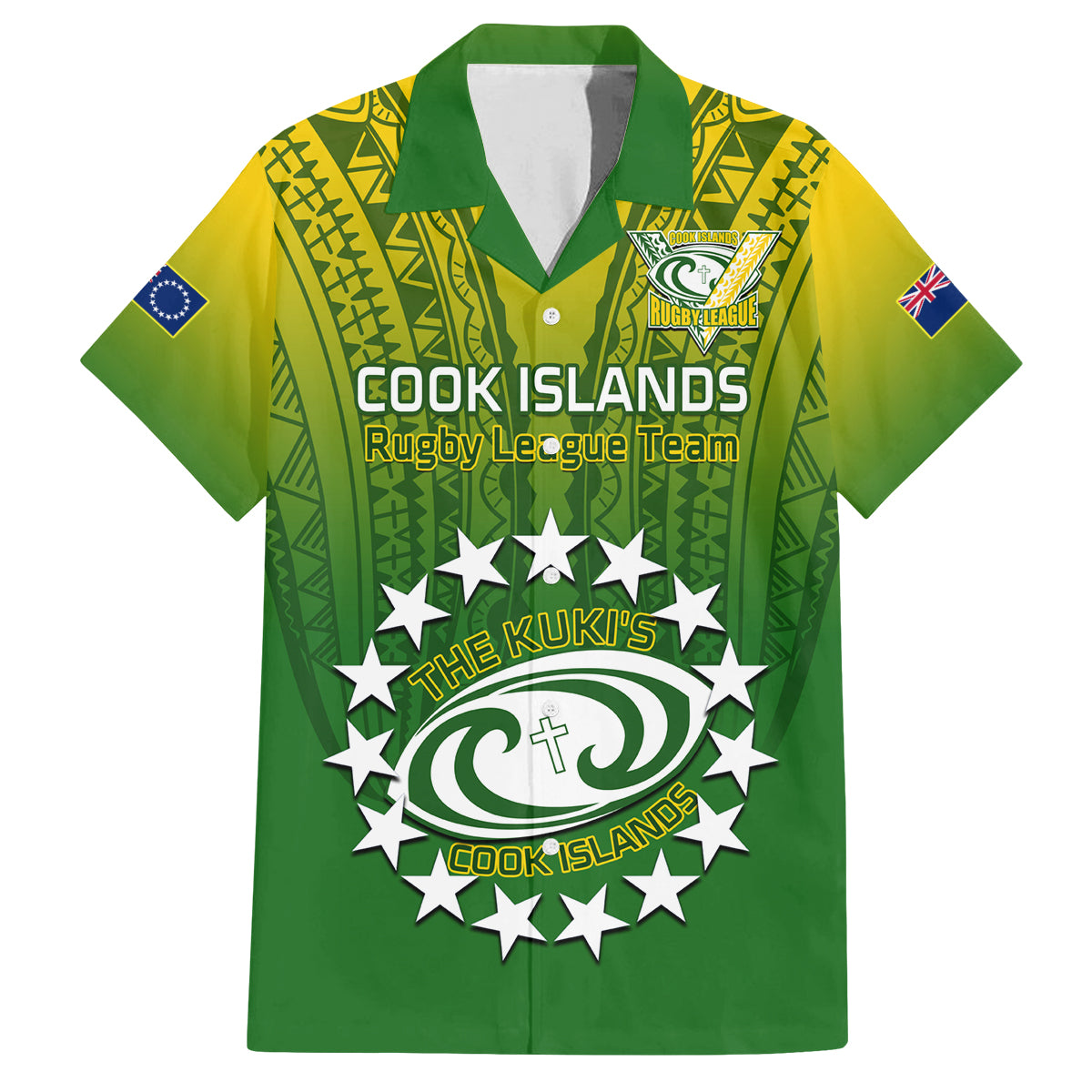 Custom Cook Islands Rugby Family Matching Summer Maxi Dress and Hawaiian Shirt Pacific 2023 Go The Kukis LT14 Dad's Shirt - Short Sleeve Green - Polynesian Pride