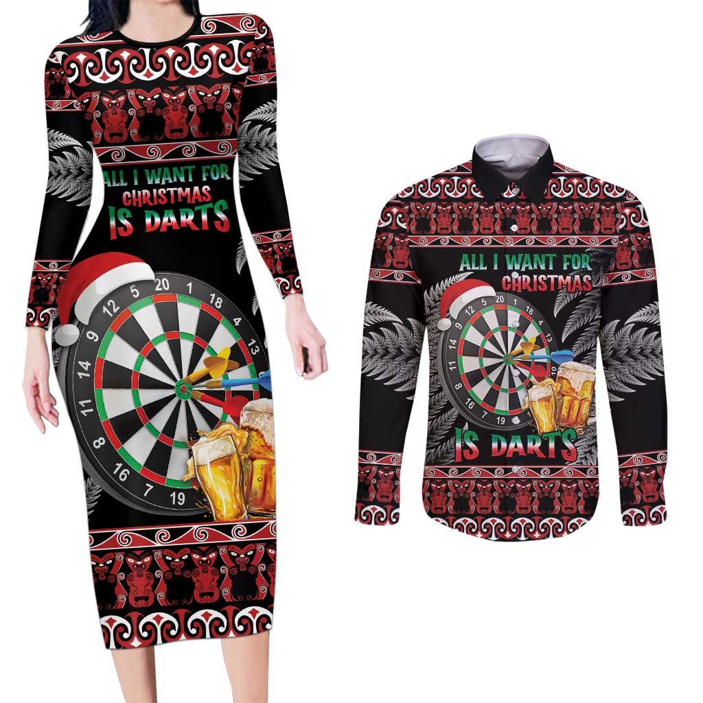All I Want For Christmas Is Darts New Zealand Couples Matching Long Sleeve Bodycon Dress and Long Sleeve Button Shirt LT14 Black - Polynesian Pride