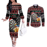 All I Want For Christmas Is Darts New Zealand Couples Matching Off The Shoulder Long Sleeve Dress and Long Sleeve Button Shirt LT14 Black - Polynesian Pride