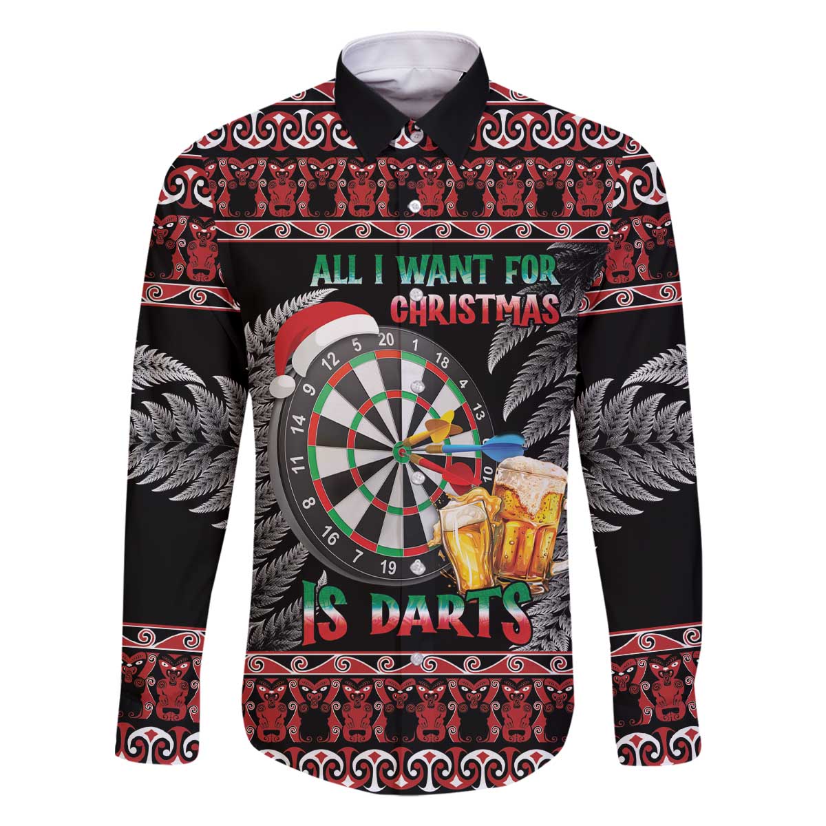 All I Want For Christmas Is Darts New Zealand Family Matching Off The Shoulder Long Sleeve Dress and Hawaiian Shirt LT14 Dad's Shirt - Long Sleeve Black - Polynesian Pride