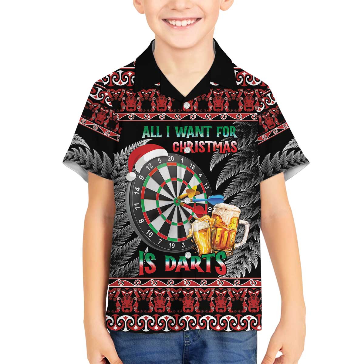 All I Want For Christmas Is Darts New Zealand Family Matching Off The Shoulder Long Sleeve Dress and Hawaiian Shirt LT14 Son's Shirt Black - Polynesian Pride