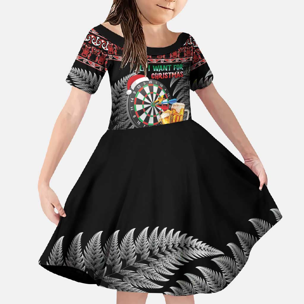 All I Want For Christmas Is Darts New Zealand Family Matching Off Shoulder Maxi Dress and Hawaiian Shirt LT14 Daughter's Dress Black - Polynesian Pride