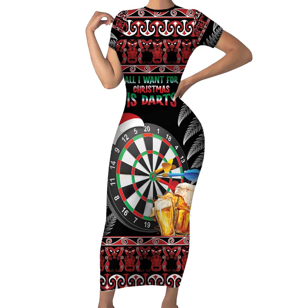 All I Want For Christmas Is Darts New Zealand Family Matching Short Sleeve Bodycon Dress and Hawaiian Shirt LT14 Mom's Dress Black - Polynesian Pride