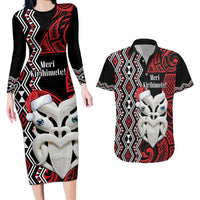 Personalised New Zealand Christmas Couples Matching Long Sleeve Bodycon Dress and Hawaiian Shirt Meri Kirihimete Maori Wheku - Taniko Art LT14 Black - Polynesian Pride