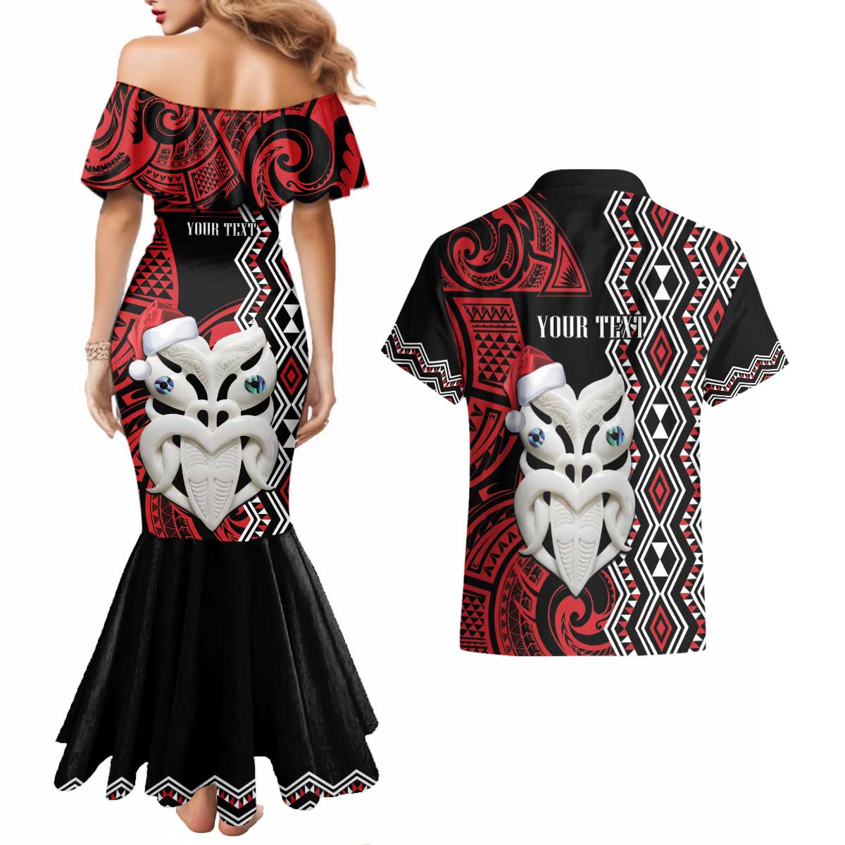 Personalised New Zealand Christmas Couples Matching Mermaid Dress and Hawaiian Shirt Meri Kirihimete Maori Wheku - Taniko Art LT14 - Polynesian Pride