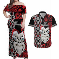 Personalised New Zealand Christmas Couples Matching Off Shoulder Maxi Dress and Hawaiian Shirt Meri Kirihimete Maori Wheku - Taniko Art LT14 Black - Polynesian Pride