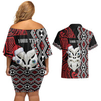 Personalised New Zealand Christmas Couples Matching Off Shoulder Short Dress and Hawaiian Shirt Meri Kirihimete Maori Wheku - Taniko Art LT14 - Polynesian Pride