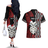 Personalised New Zealand Christmas Couples Matching Off The Shoulder Long Sleeve Dress and Hawaiian Shirt Meri Kirihimete Maori Wheku - Taniko Art