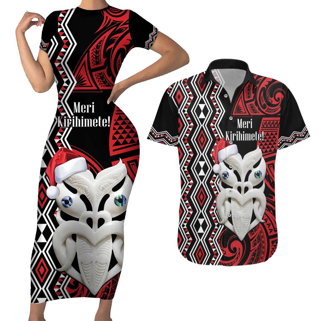 Personalised New Zealand Christmas Couples Matching Short Sleeve Bodycon Dress and Hawaiian Shirt Meri Kirihimete Maori Wheku - Taniko Art LT14 Black - Polynesian Pride