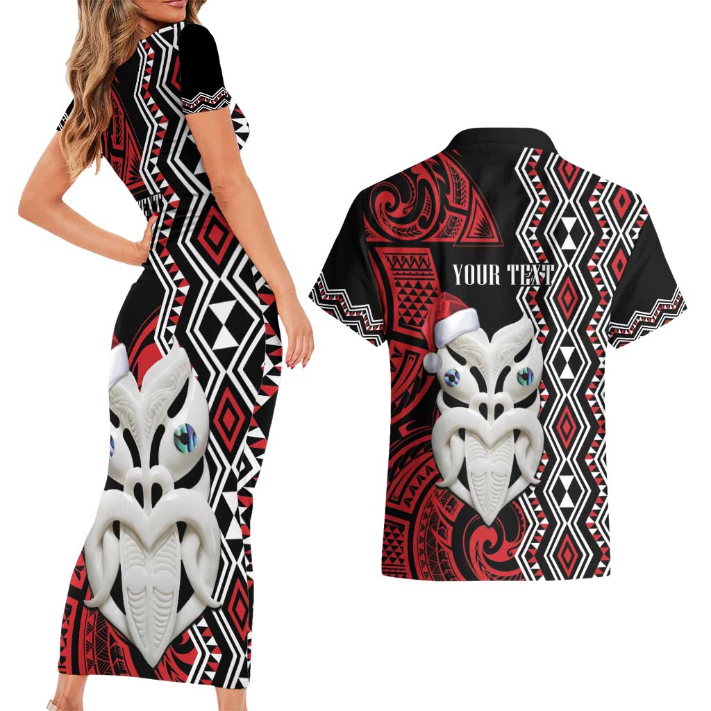 Personalised New Zealand Christmas Couples Matching Short Sleeve Bodycon Dress and Hawaiian Shirt Meri Kirihimete Maori Wheku - Taniko Art LT14 - Polynesian Pride