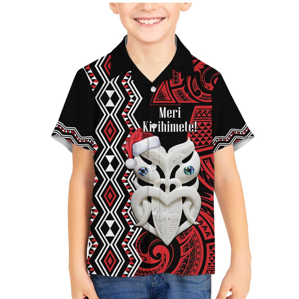 Personalised New Zealand Christmas Family Matching Mermaid Dress and Hawaiian Shirt Meri Kirihimete Maori Wheku - Taniko Art LT14 Son's Shirt Black - Polynesian Pride