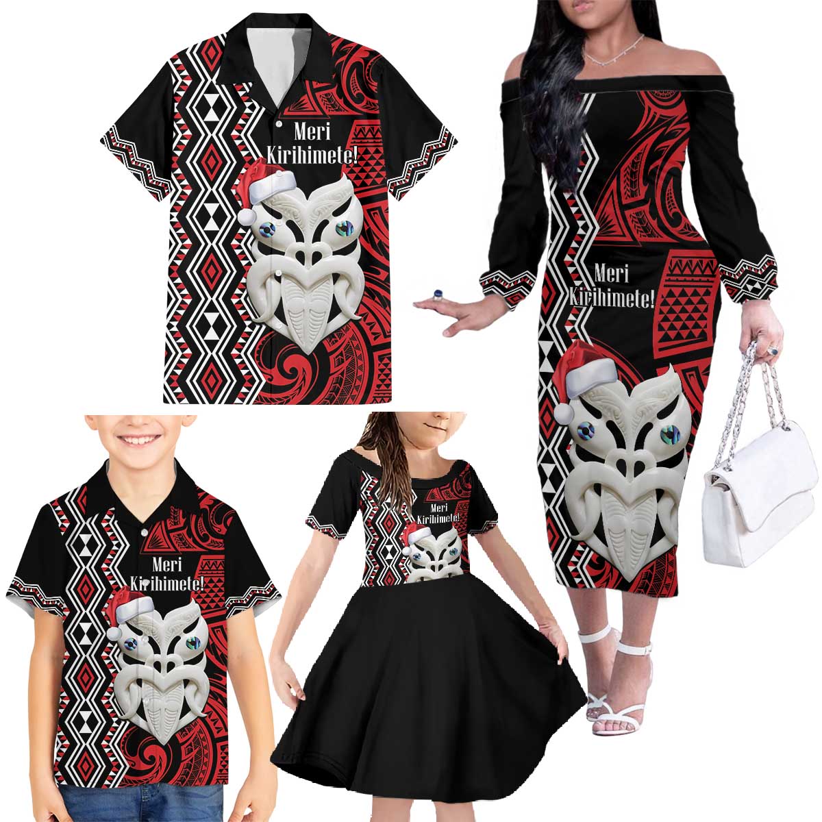 Personalised New Zealand Christmas Family Matching Off The Shoulder Long Sleeve Dress and Hawaiian Shirt Meri Kirihimete Maori Wheku - Taniko Art LT14 - Polynesian Pride