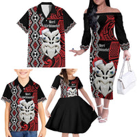 Personalised New Zealand Christmas Family Matching Off The Shoulder Long Sleeve Dress and Hawaiian Shirt Meri Kirihimete Maori Wheku - Taniko Art LT14 - Polynesian Pride