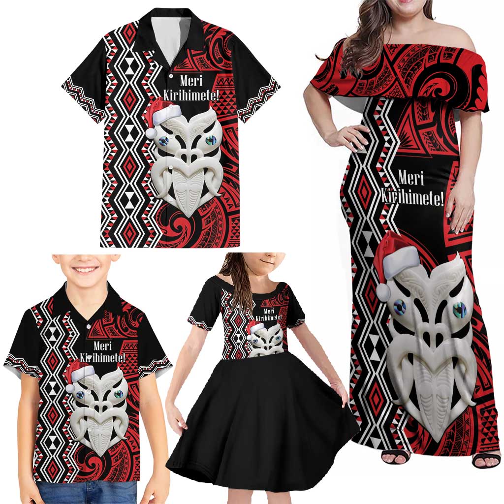 Personalised New Zealand Christmas Family Matching Off Shoulder Maxi Dress and Hawaiian Shirt Meri Kirihimete Maori Wheku - Taniko Art LT14 - Polynesian Pride
