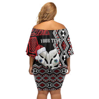 Personalised New Zealand Christmas Family Matching Off Shoulder Short Dress and Hawaiian Shirt Meri Kirihimete Maori Wheku - Taniko Art LT14 - Polynesian Pride