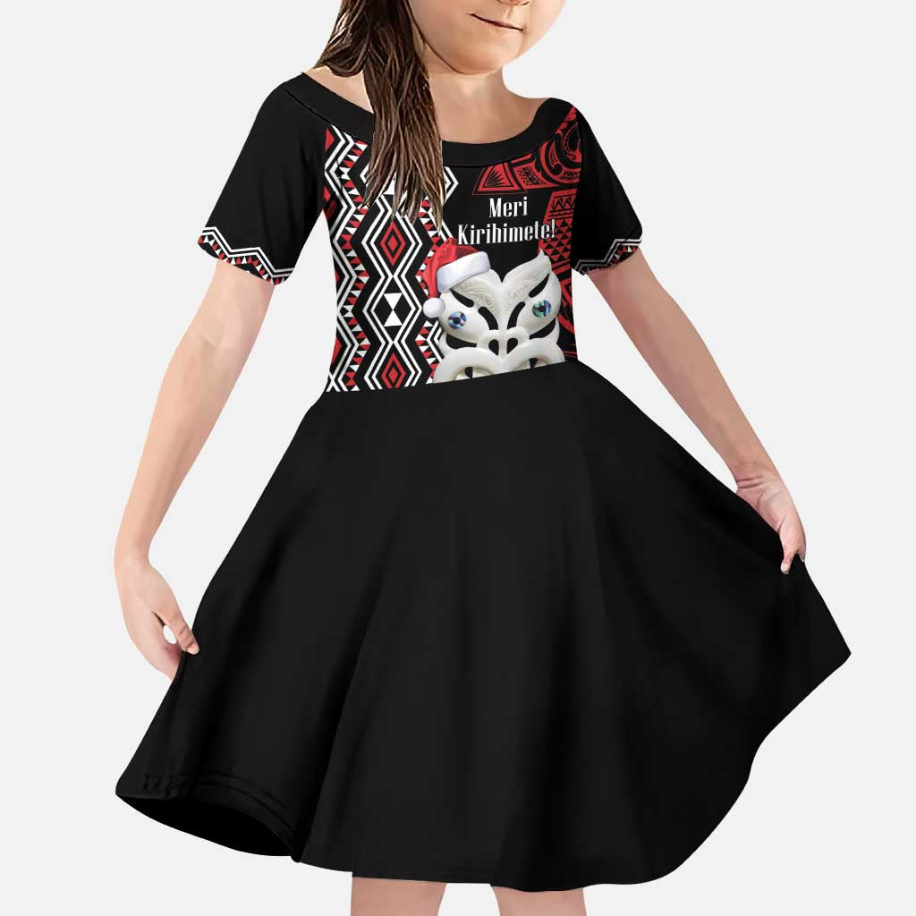 Personalised New Zealand Christmas Family Matching Puletasi and Hawaiian Shirt Meri Kirihimete Maori Wheku - Taniko Art LT14 Daughter's Dress Black - Polynesian Pride