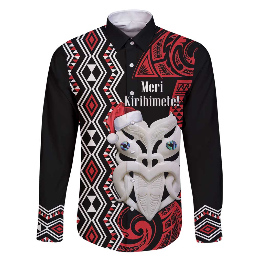 Personalised New Zealand Christmas Family Matching Puletasi and Hawaiian Shirt Meri Kirihimete Maori Wheku - Taniko Art LT14 Dad's Shirt - Long Sleeve Black - Polynesian Pride