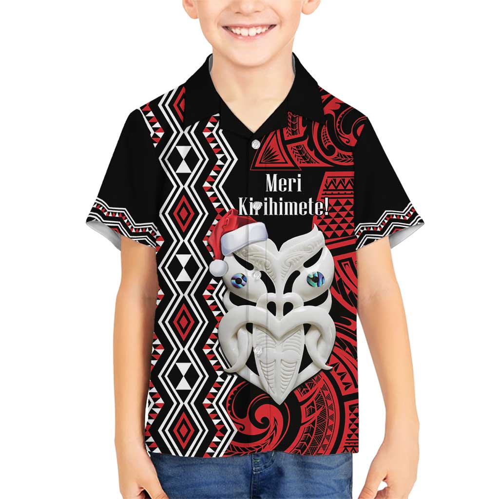 Personalised New Zealand Christmas Family Matching Puletasi and Hawaiian Shirt Meri Kirihimete Maori Wheku - Taniko Art LT14 Son's Shirt Black - Polynesian Pride