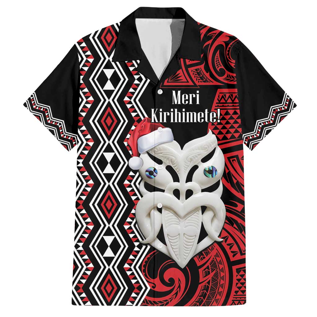 Personalised New Zealand Christmas Family Matching Short Sleeve Bodycon Dress and Hawaiian Shirt Meri Kirihimete Maori Wheku - Taniko Art LT14 Dad's Shirt - Short Sleeve Black - Polynesian Pride