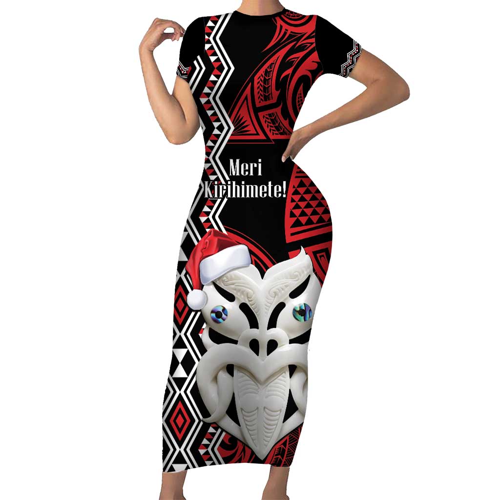 Personalised New Zealand Christmas Family Matching Short Sleeve Bodycon Dress and Hawaiian Shirt Meri Kirihimete Maori Wheku - Taniko Art LT14 Mom's Dress Black - Polynesian Pride