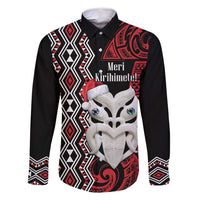 Personalised New Zealand Christmas Family Matching Summer Maxi Dress and Hawaiian Shirt Meri Kirihimete Maori Wheku - Taniko Art LT14 Dad's Shirt - Long Sleeve Black - Polynesian Pride