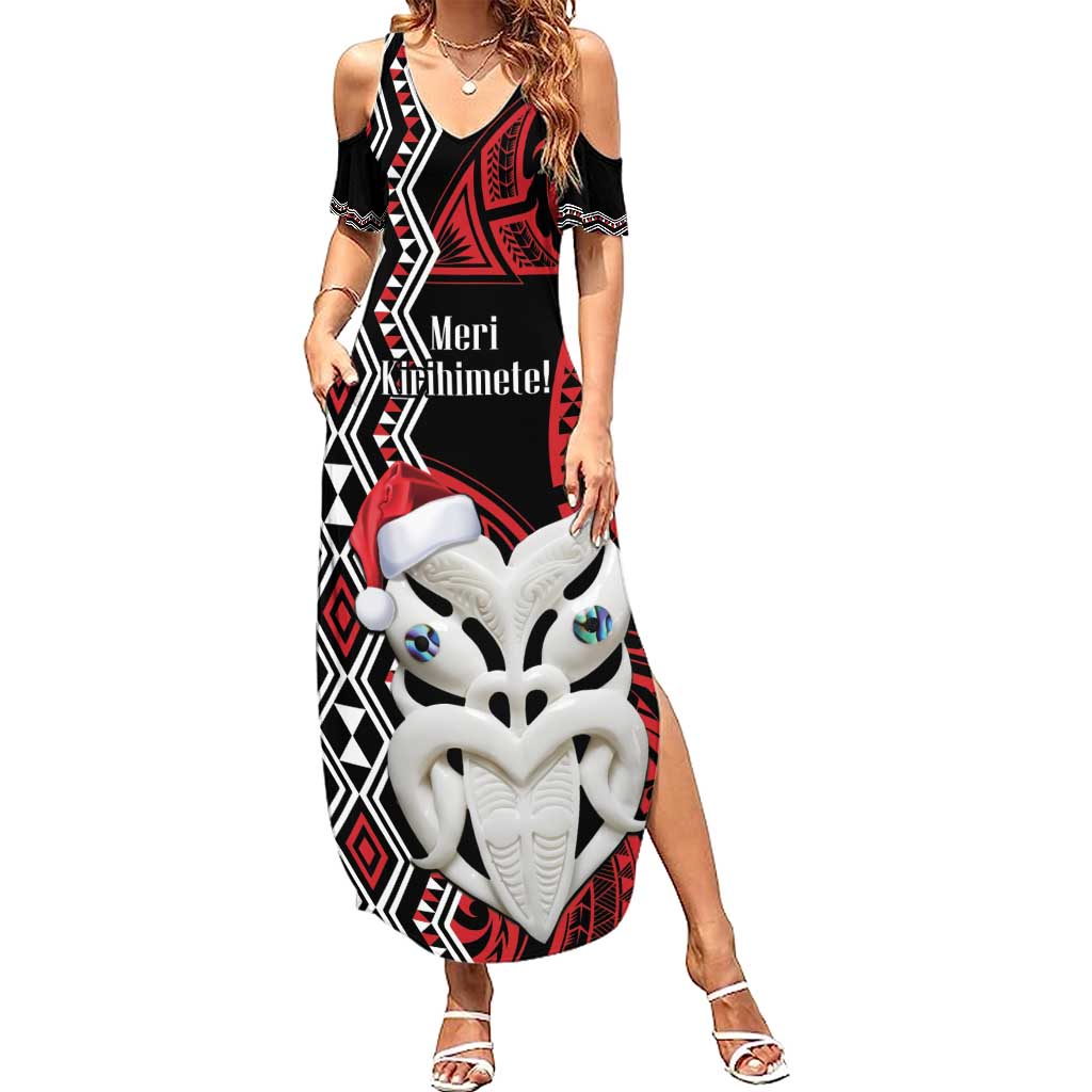 Personalised New Zealand Christmas Family Matching Summer Maxi Dress and Hawaiian Shirt Meri Kirihimete Maori Wheku - Taniko Art LT14 Mom's Dress Black - Polynesian Pride
