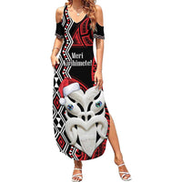 Personalised New Zealand Christmas Family Matching Summer Maxi Dress and Hawaiian Shirt Meri Kirihimete Maori Wheku - Taniko Art LT14 Mom's Dress Black - Polynesian Pride
